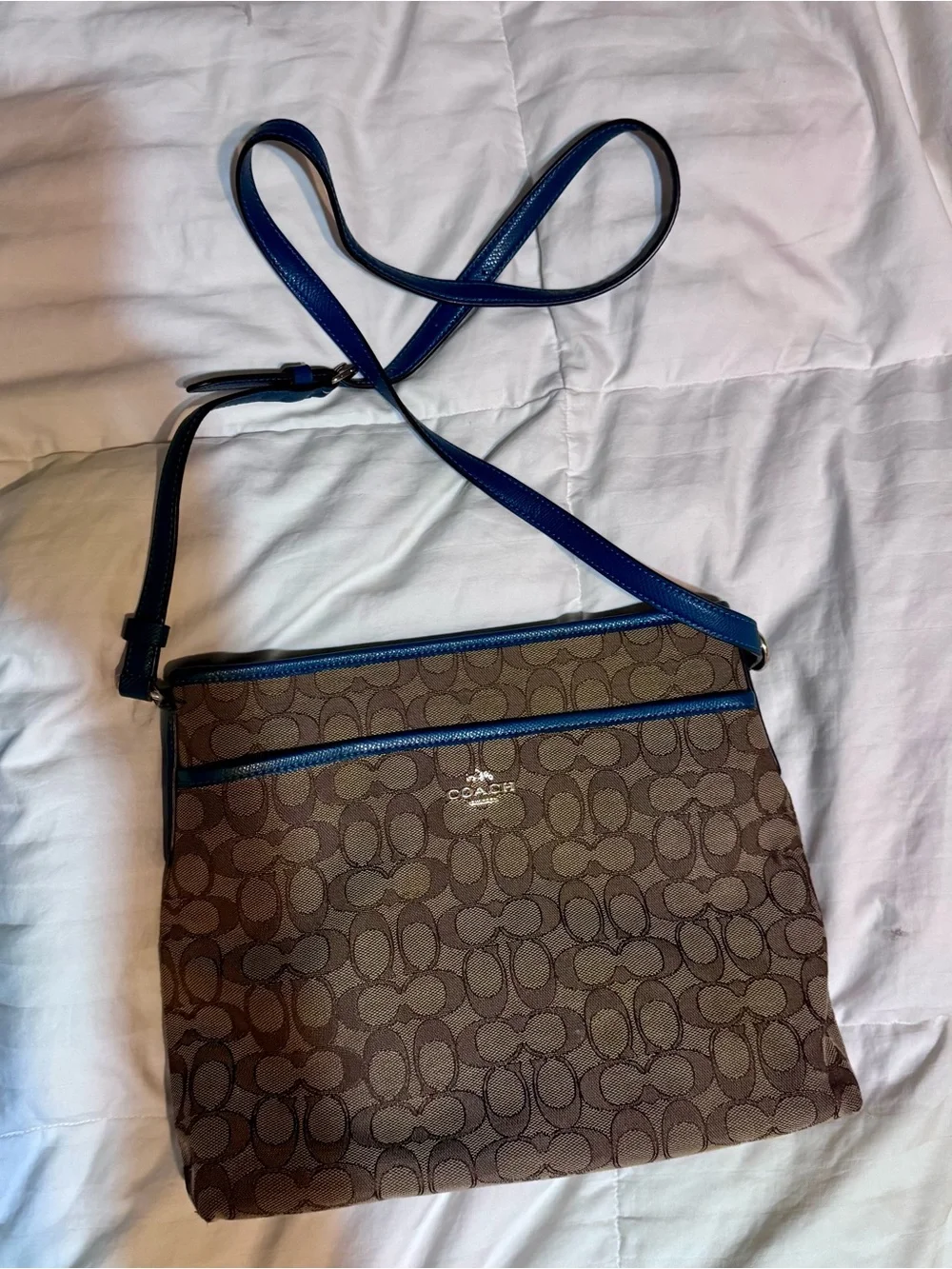 COACH Signature Canvas File Crossbody Bag Brown & Electric Blue Accent